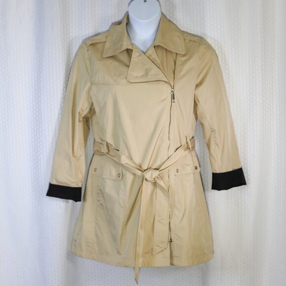 Nine West Size L Beige belted zip front collared contrast sleeves rain jacket - Picture 1 of 16